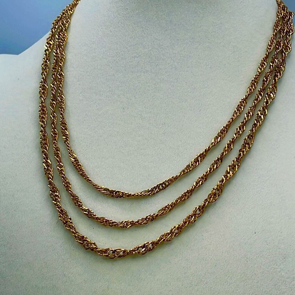 Vintage triple strand twisted flat link chain necklace